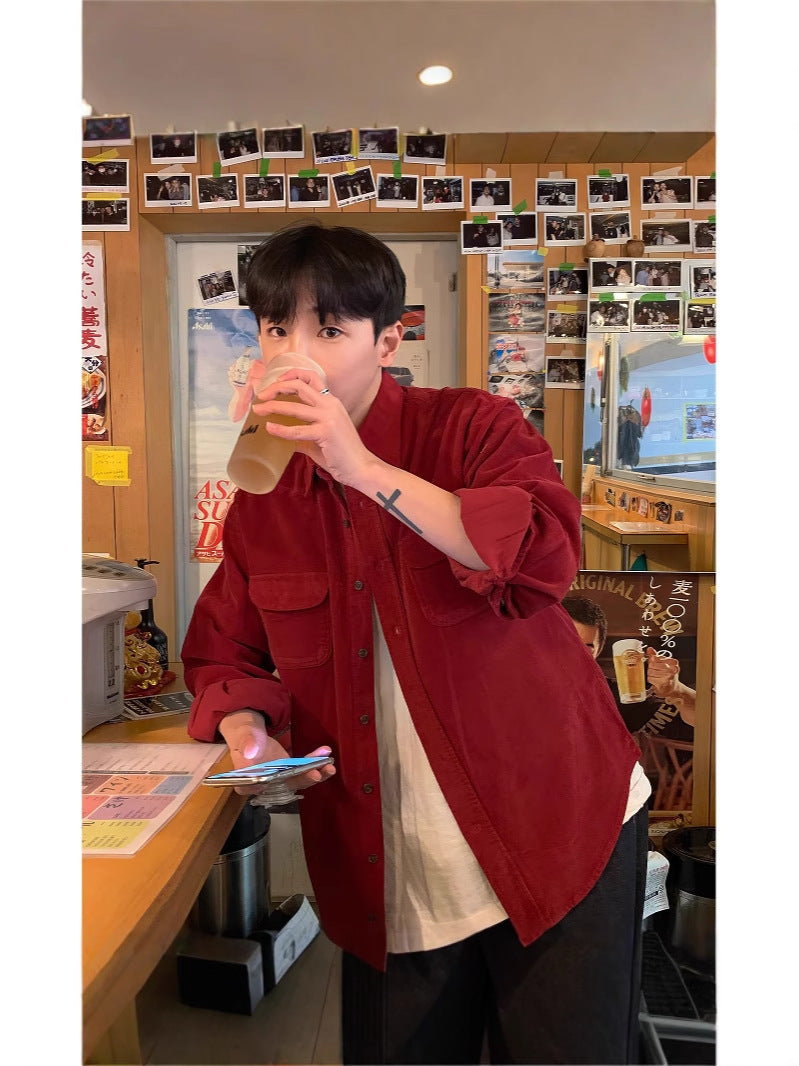 Retro Wine-Red Corduroy Lapel Long-Sleeve Shirt