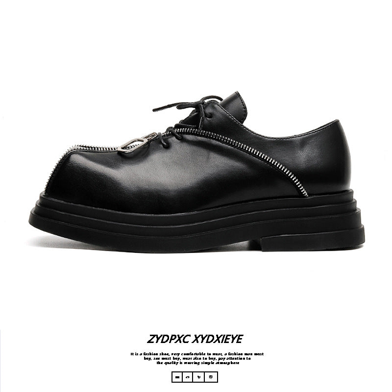 Square Toe Zipper Black Leather Shoes