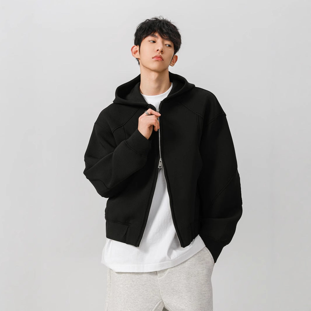 Short Hood Double Zipper Cardigan