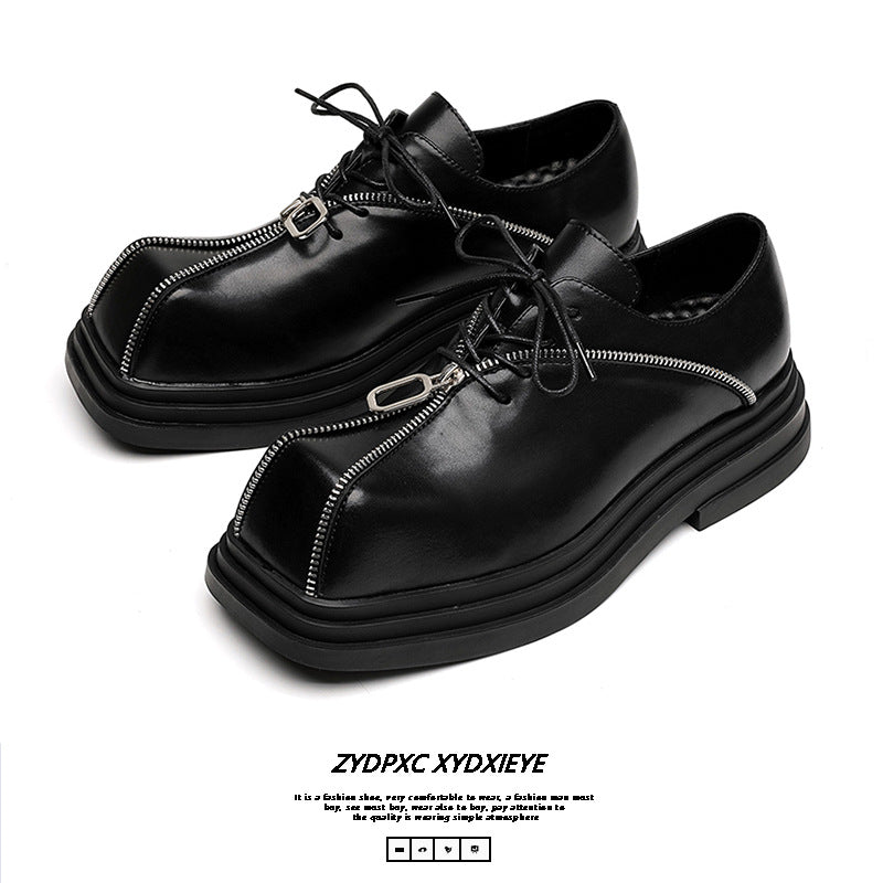 Square Toe Zipper Black Leather Shoes