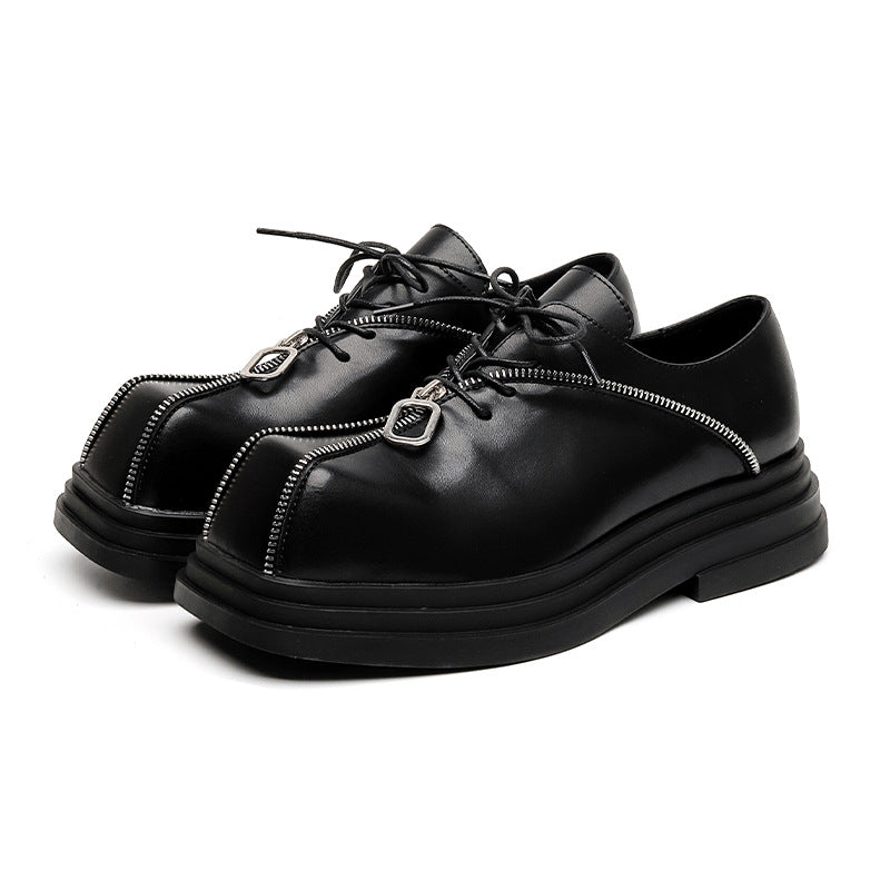 Square Toe Zipper Black Leather Shoes