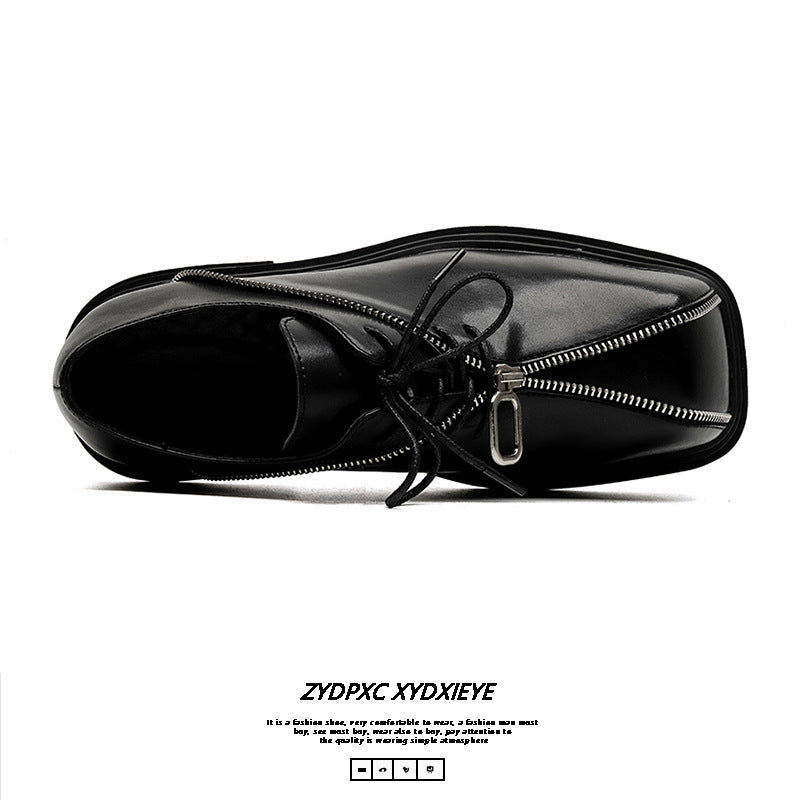 Square Toe Zipper Black Leather Shoes