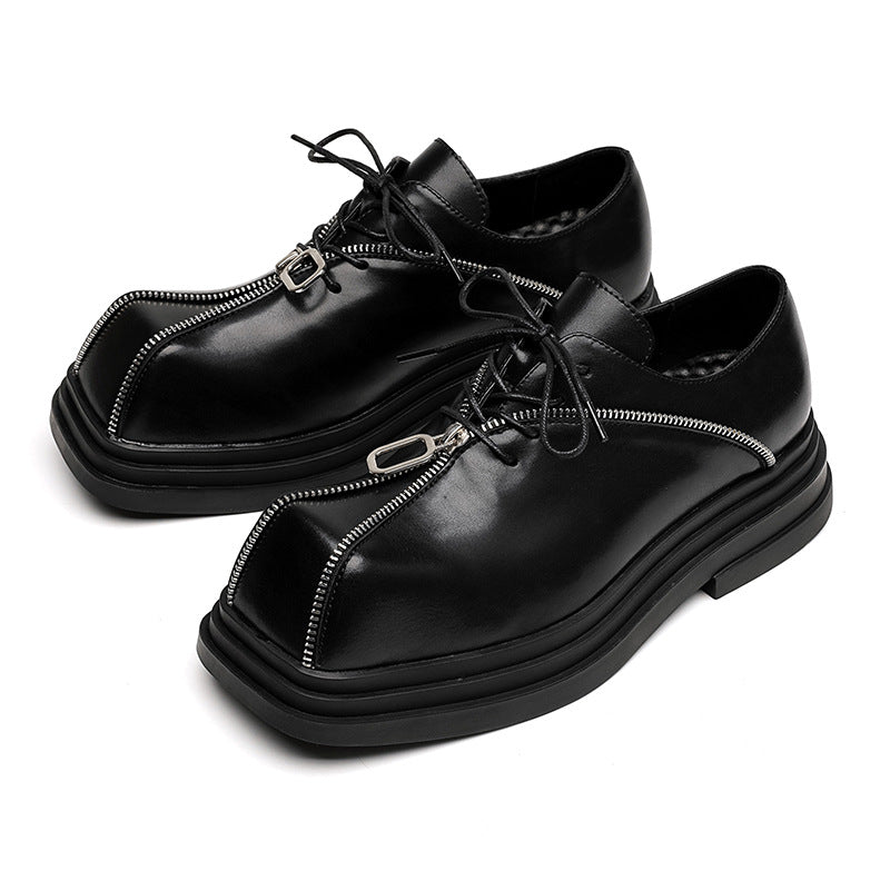 Square Toe Zipper Black Leather Shoes