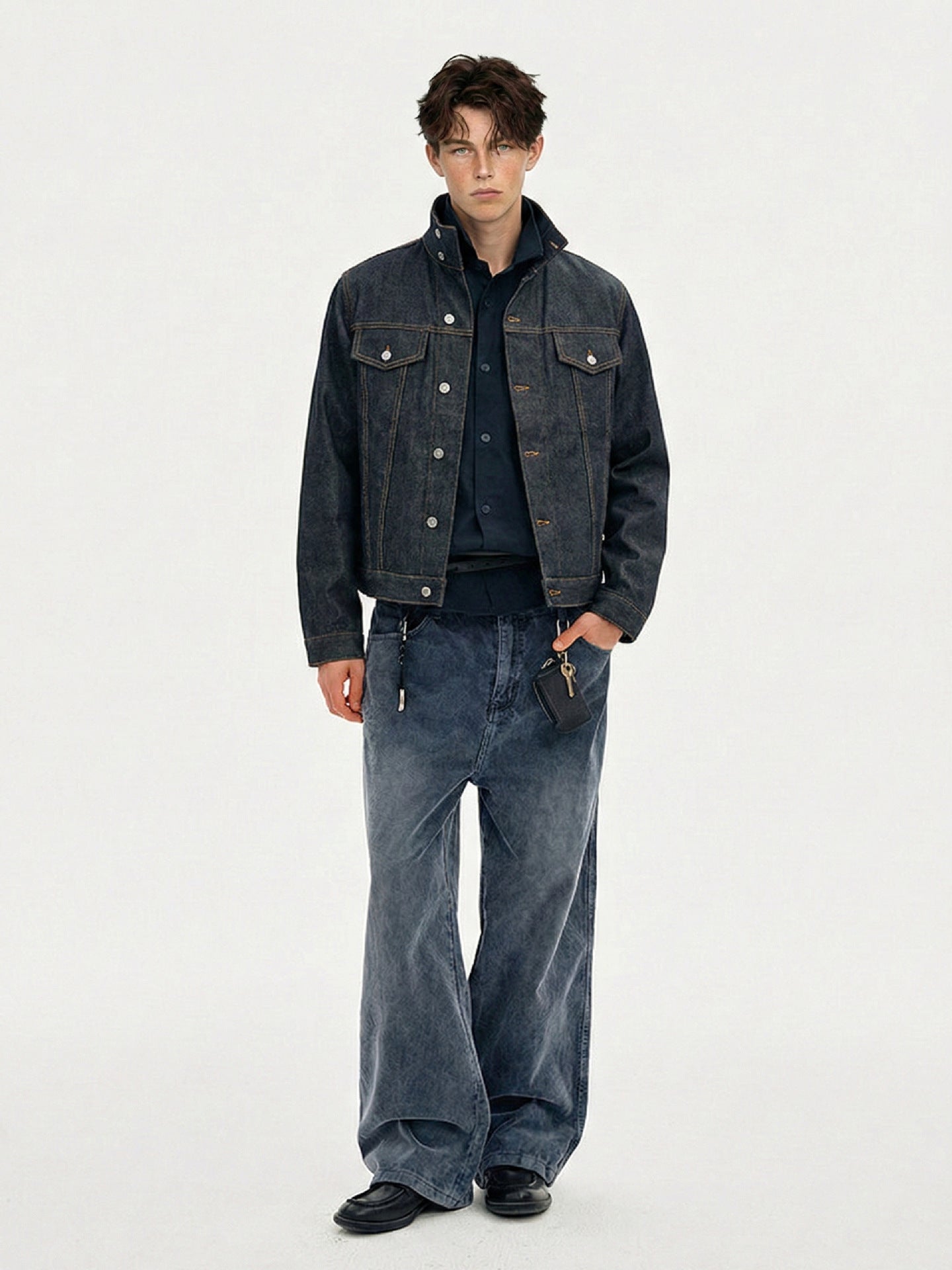 Dark Indigo Stand Collar Utility Denim Jacket