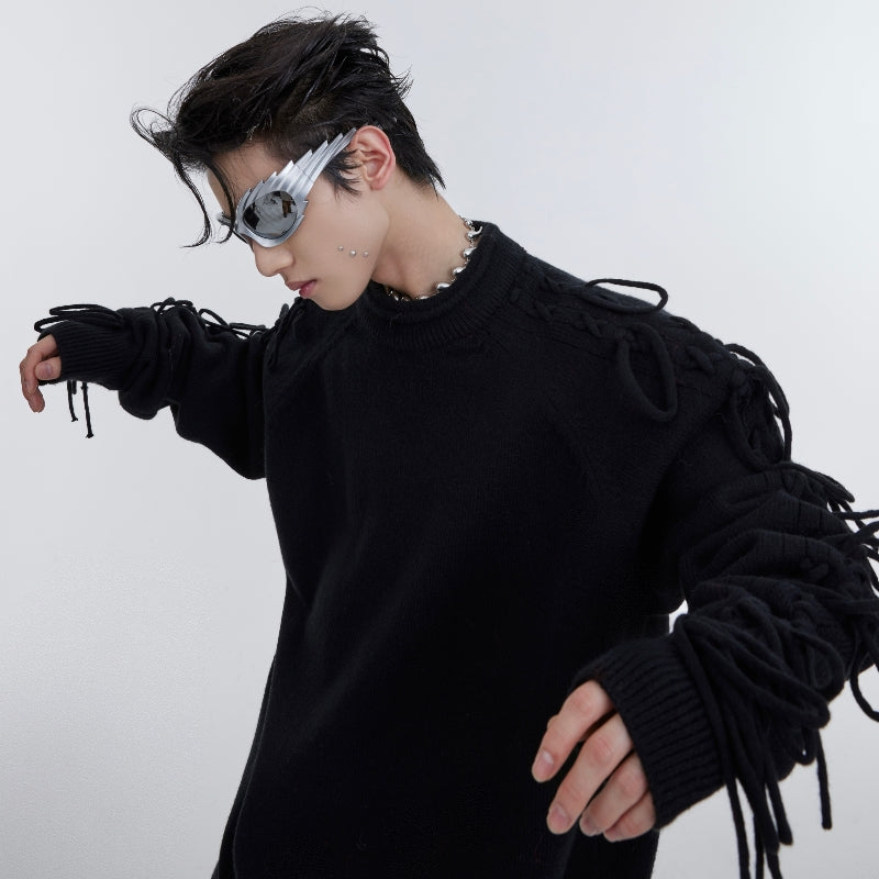 Deconstructed Fringe Crease Neck Knit Sweater