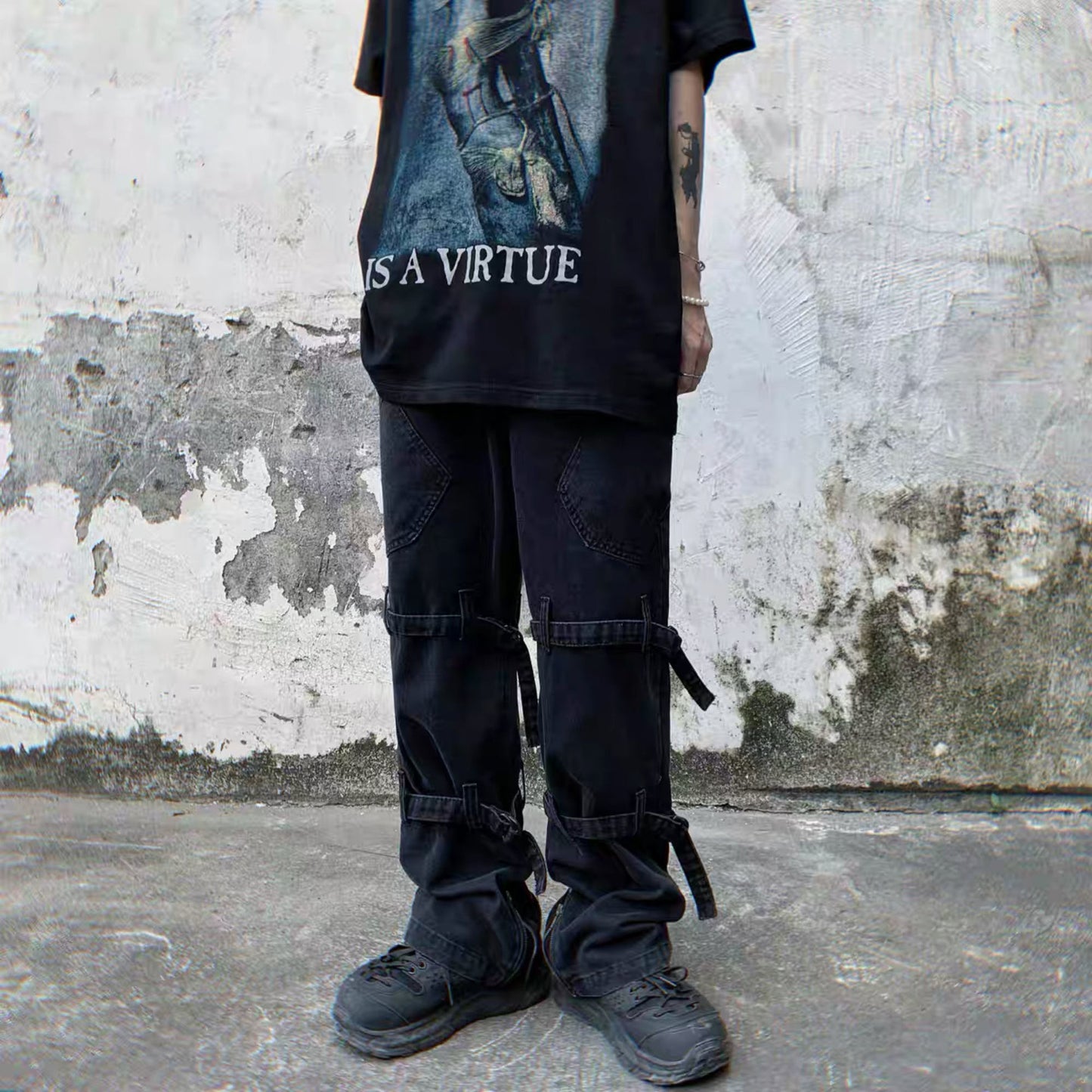 Retro Lace-up Design Feeling Slightly Pull Denim Niche Metal Buckle Casual Trousers