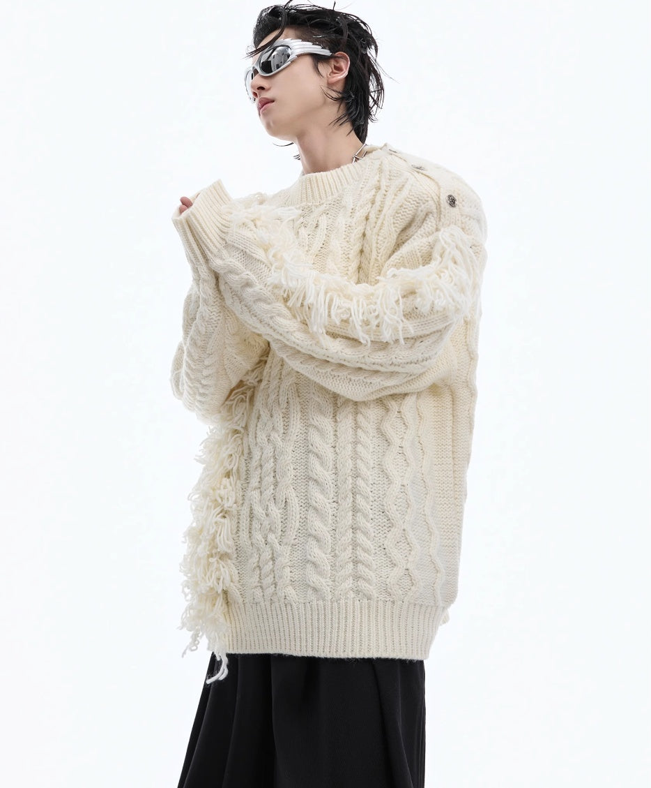 Threaded Tassel Metal Button Sweater
