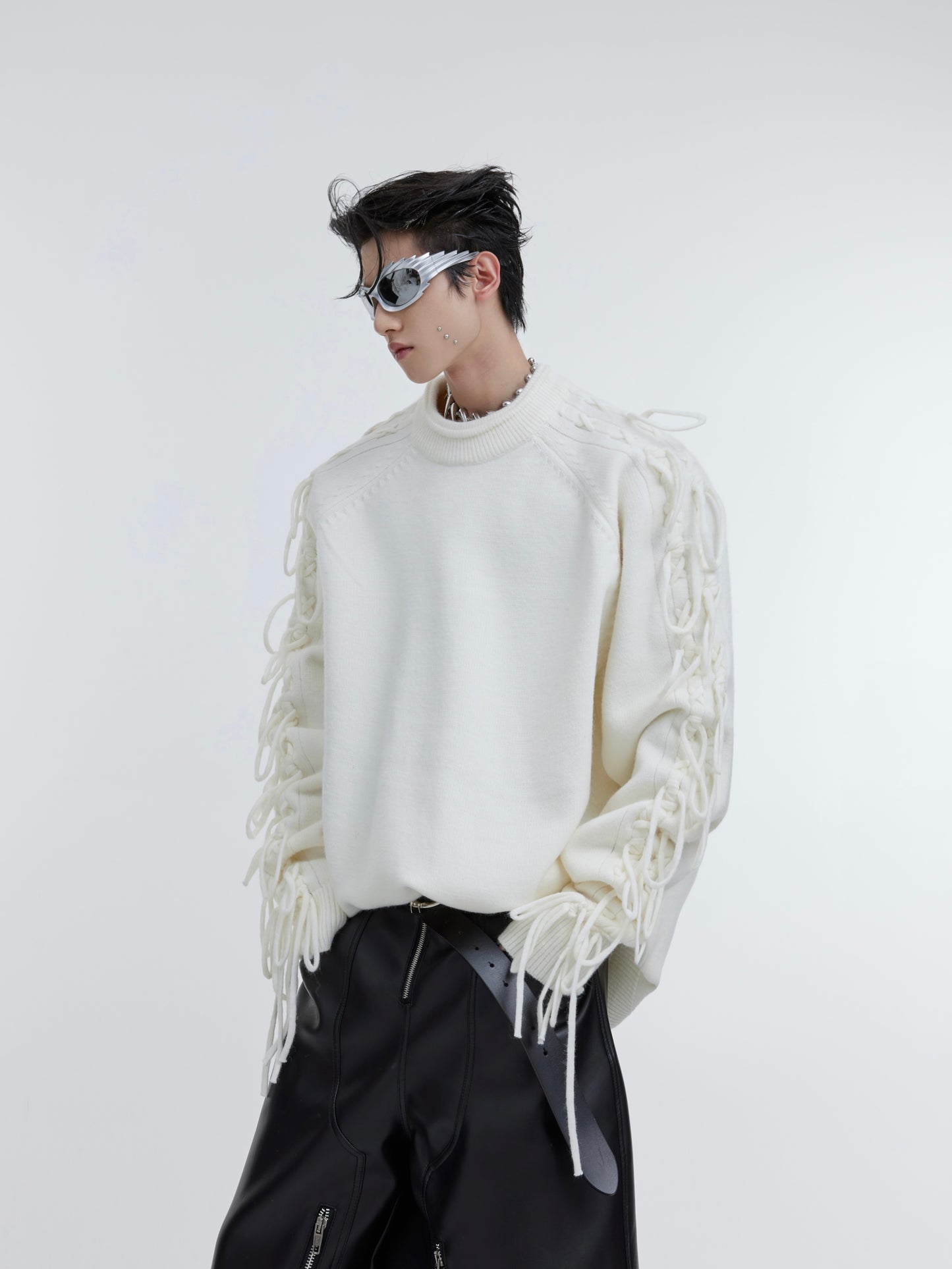 Deconstructed Fringe Crease Neck Knit Sweater