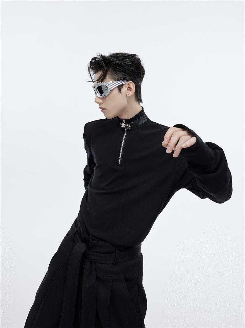 Leather Buckle Stand Collar Slim-fit Base Shirt For Men