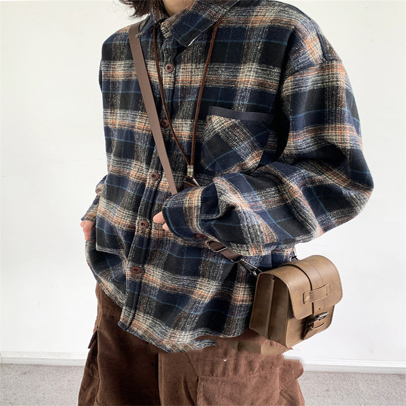 Retro College Style Woolen Plaid Shirt