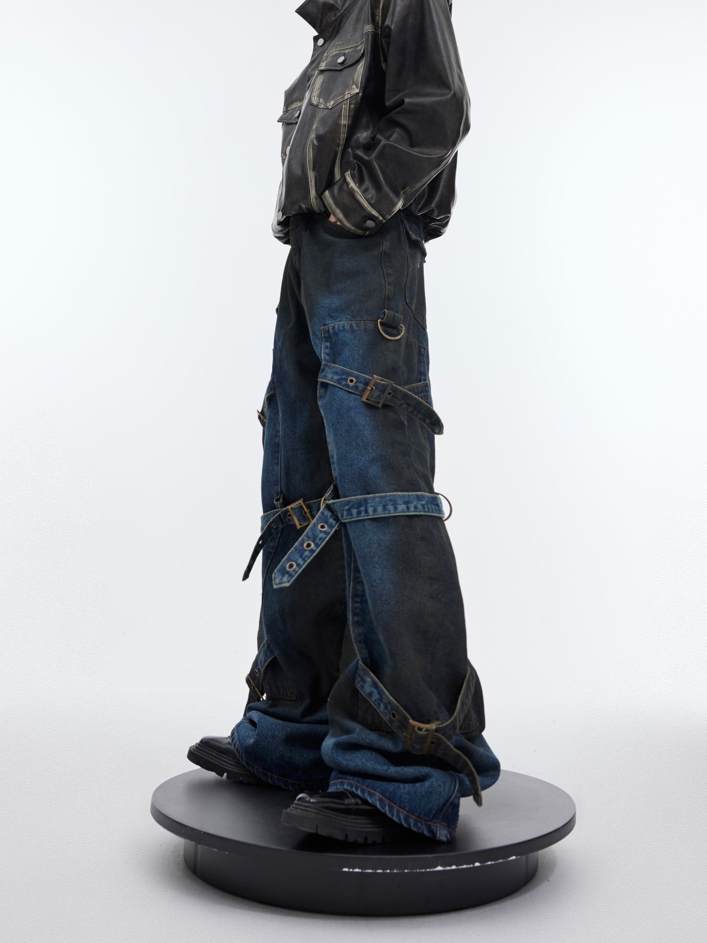 Retro Lace-up Design Feeling Slightly Pull Denim Niche Metal Buckle Casual Trousers