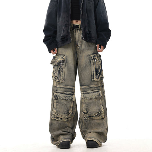 Multi-pocket loose wide-leg pants