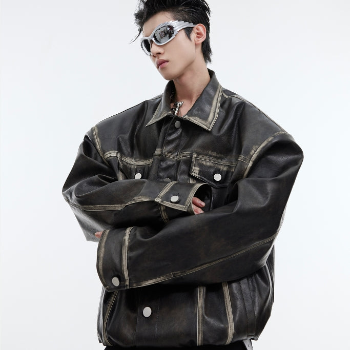 Heavy Vintage Leather Distressed Padded Shoulder Jacket