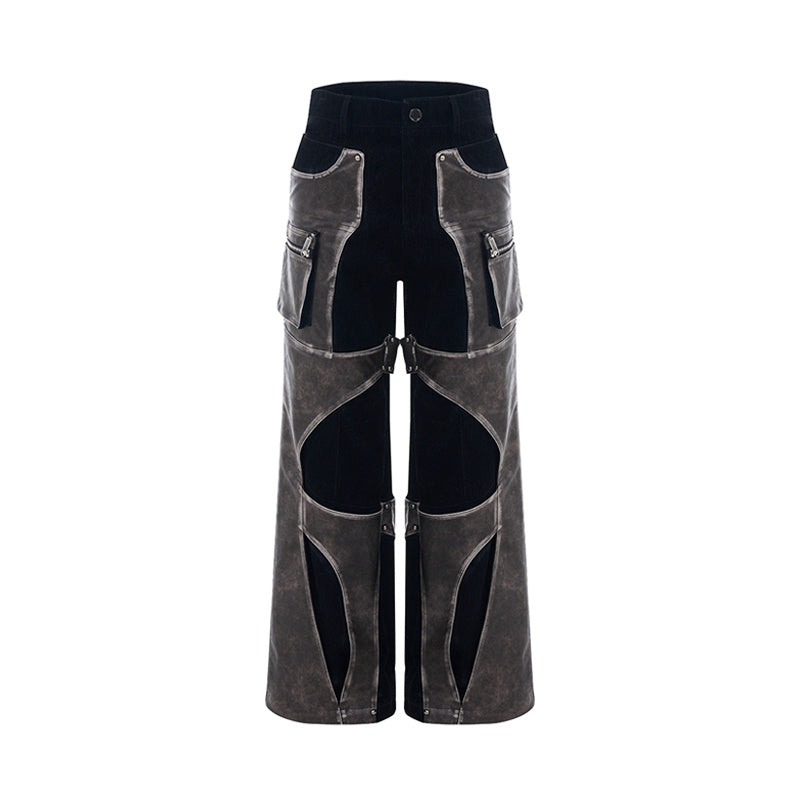 Niche Structure Design Leather Patchwork Casual Straight Pants
