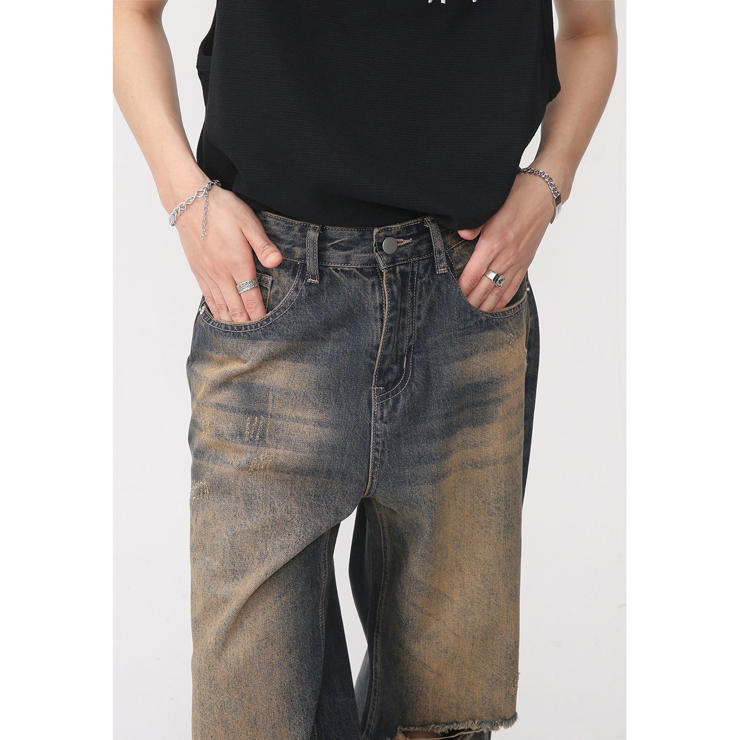 Retro Distressed Rust Earthy Hole Raw Hem Jeans