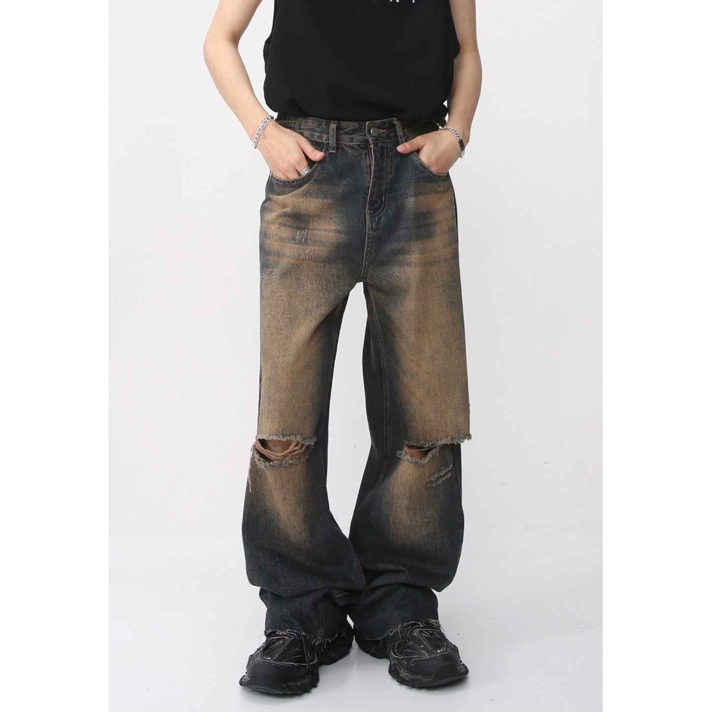 Retro Distressed Rust Earthy Hole Raw Hem Jeans